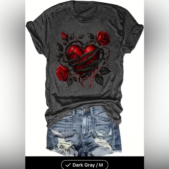 Tops - Women's Dark Gray Graphic Tee with Red Rose Heart